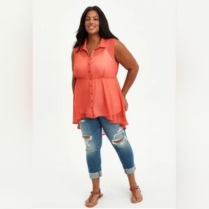 Torrid Orange Sleeveless Button Down Sheer High Low Blouse 1X 14 16